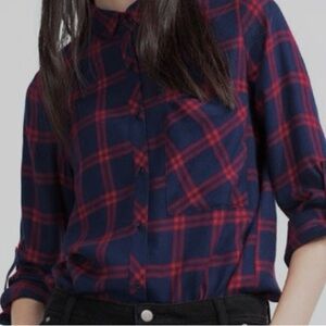 ZARA BLUE RED PLAID FLANNEL OVERSIZED SHIRT BUTTON DOWN XS